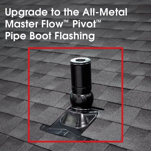The all-metal Master Flow Pivot Pipe Boot Flashing installed on a shingle roof.
